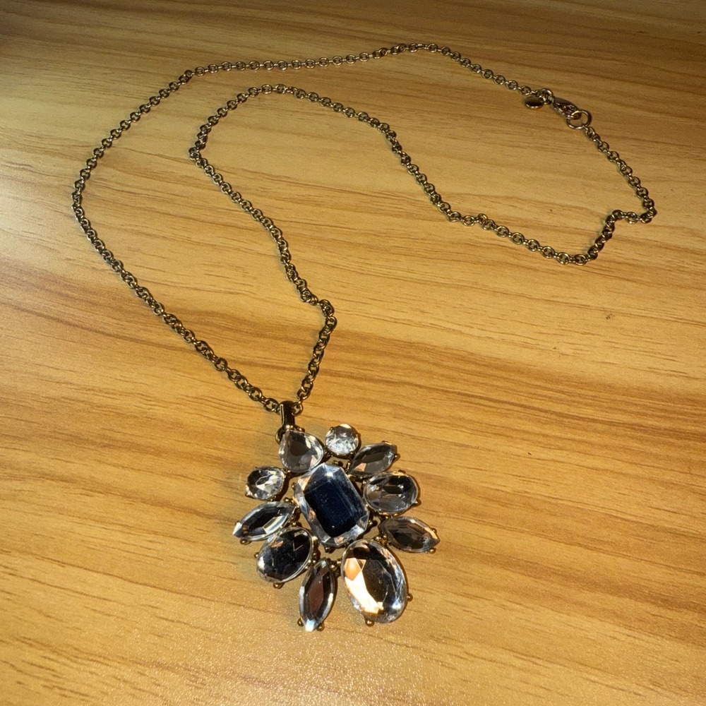 J CREW Crystal Pendant‎ with Brass Tone Chain Statement Necklace